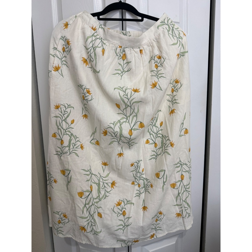 Joie Floral Midi Skirt Cream Yellow Green Botanical Elastic Waist Lined Size M